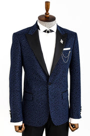 Shiny Dot Patterned Navy Blue Men Prom Blazer - Wessi