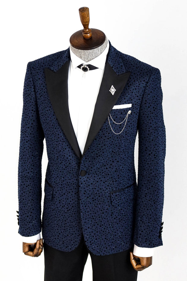 Shiny Dot Patterned Navy Blue Men Prom Blazer - Wessi