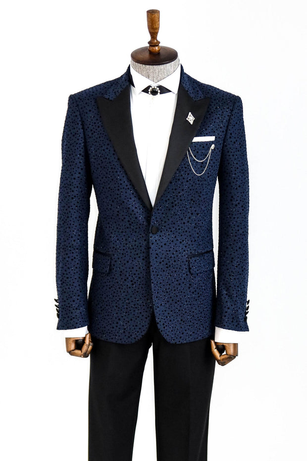 Shiny Dot Patterned Navy Blue Men Prom Blazer - Wessi