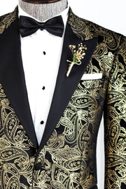 Slim Fit Gold Paisley Patterned Black Men Tuxedo Blazer