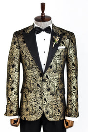 Slim Fit Gold Paisley Patterned Black Men Tuxedo Blazer