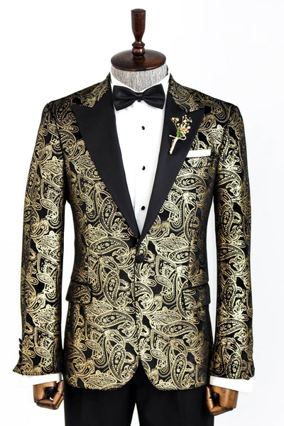 Slim Fit Gold Paisley Patterned Black Men Tuxedo Blazer - Wessi