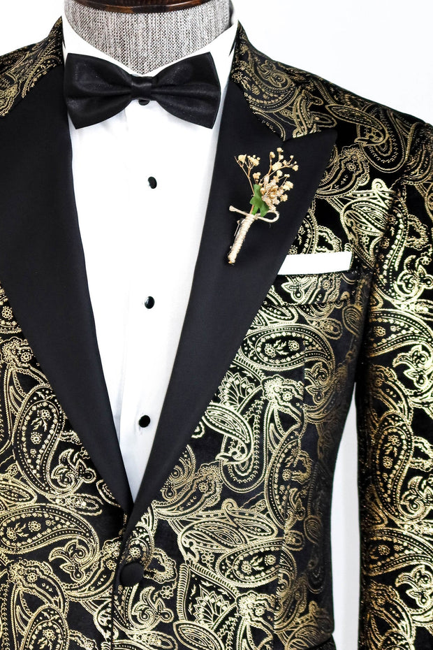 Slim Fit Gold Paisley Patterned Black Men Tuxedo Blazer - Wessi