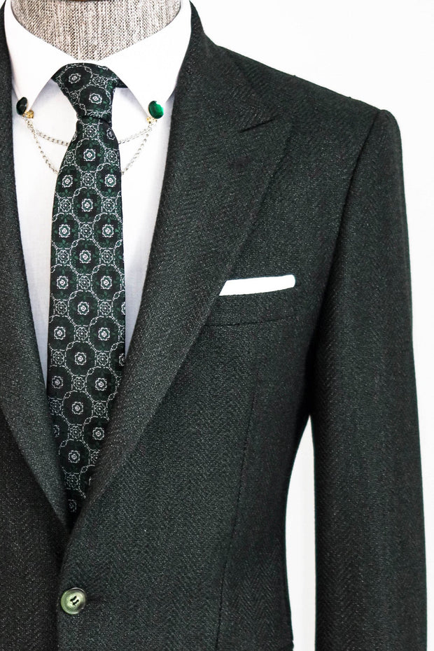 Slim Fit Patterned Dark Green Men Blazer - Wessi