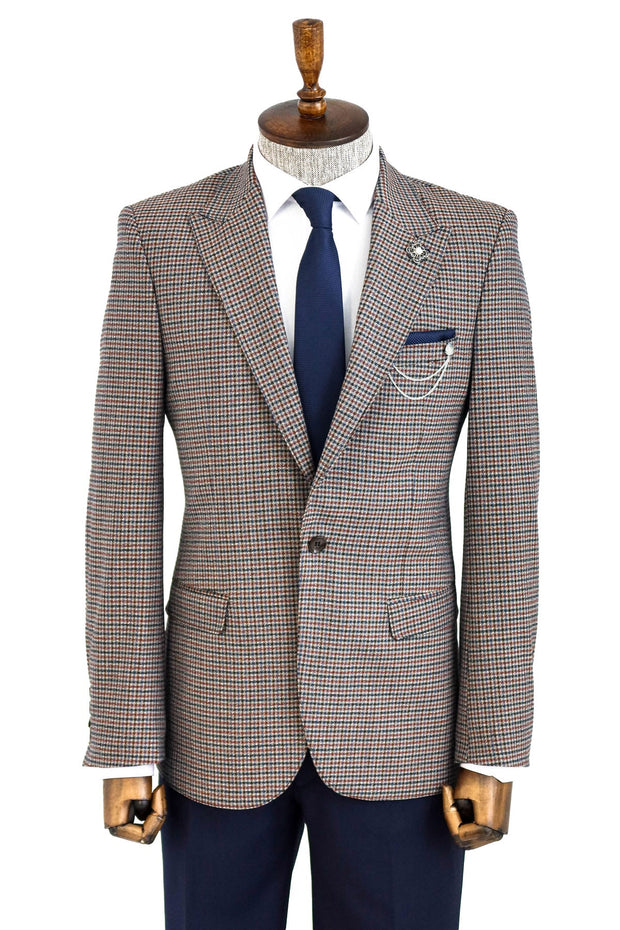 Gingham Slim Fit Brown Men Blazer - Wessi