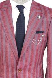 Striped Slim Fit Single Button Burgundy Men Blazer - Wessi