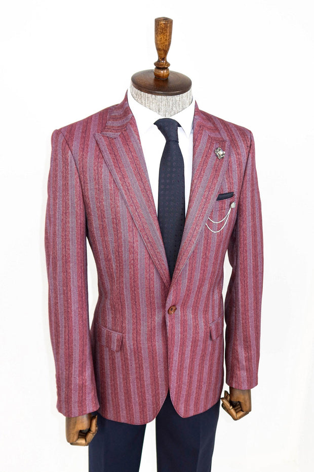 Striped Slim Fit Single Button Burgundy Men Blazer - Wessi