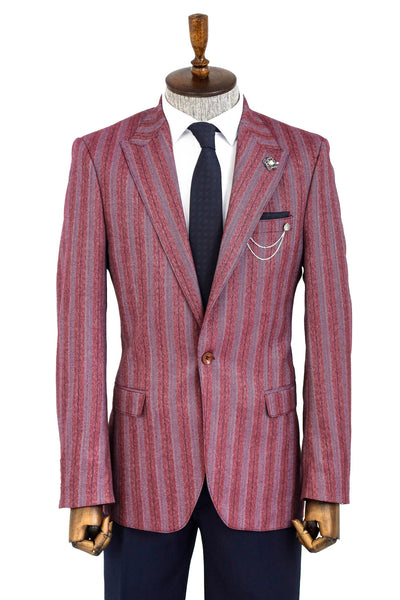 Striped Slim Fit Single Button Burgundy Men Blazer - Wessi