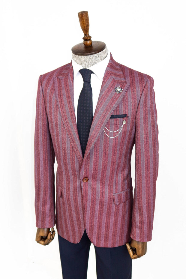 Striped Slim Fit Single Button Burgundy Men Blazer - Wessi