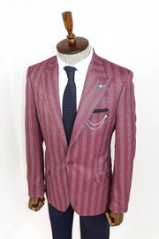 Striped Slim Fit Single Button Burgundy Men Blazer - Wessi