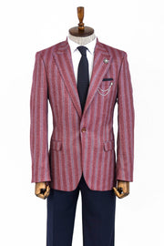 Striped Slim Fit Single Button Burgundy Men Blazer - Wessi