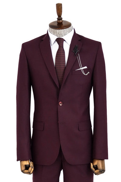 Two Buttons Two Piece Burgundy Men Suit - Wessi