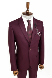 Two Buttons Two Piece Burgundy Men Suit - Wessi