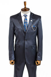 Two Buttons Two Piece Slim Fit Satin Navy Blue Men Suit