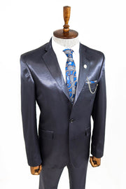 Two Buttons Two Piece Slim Fit Satin Navy Blue Men Suit