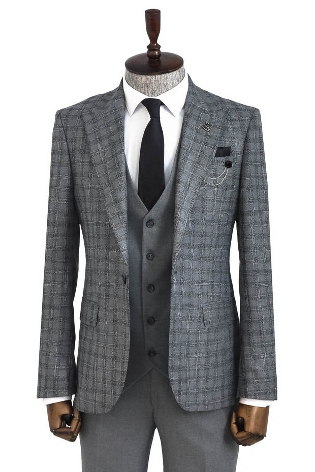 Checked Vested Grey Men Suit - Wessi