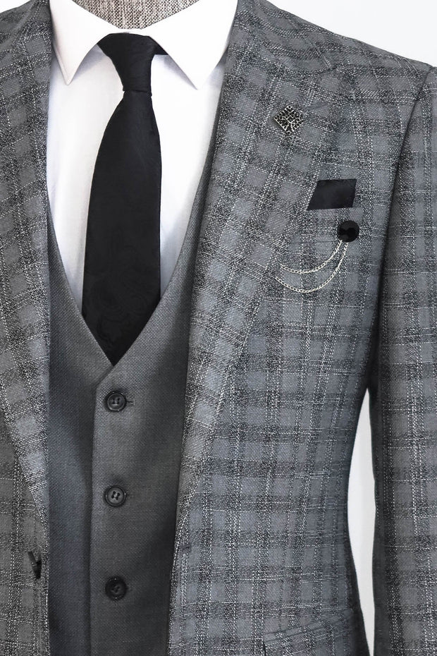 Checked Vested Grey Men Suit - Wessi