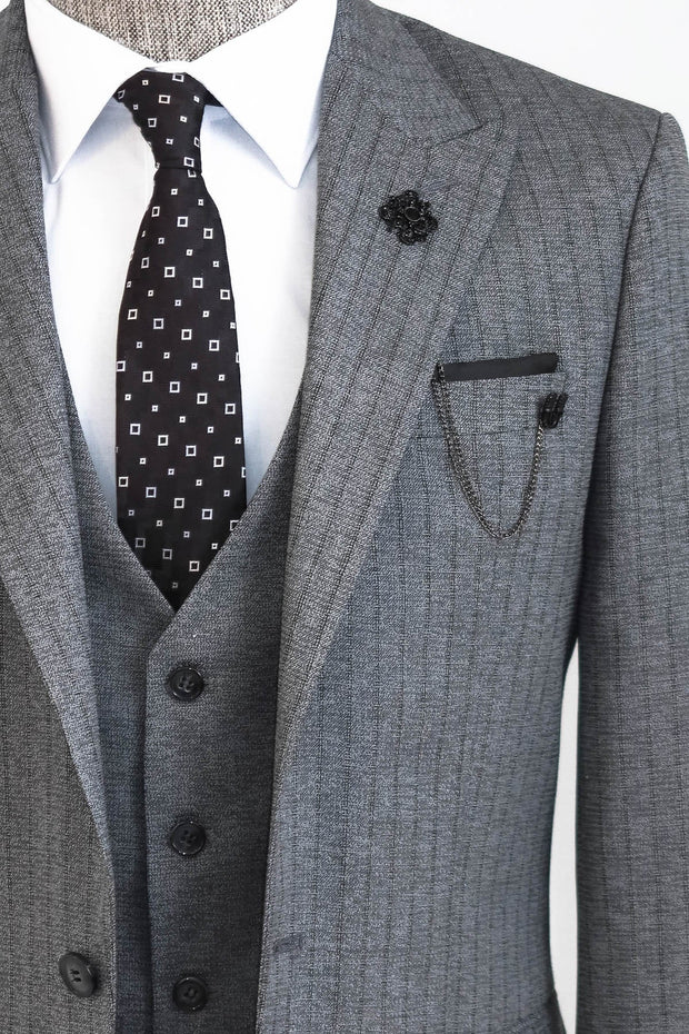 Striped Vested Grey Men's Suit    - Wessi