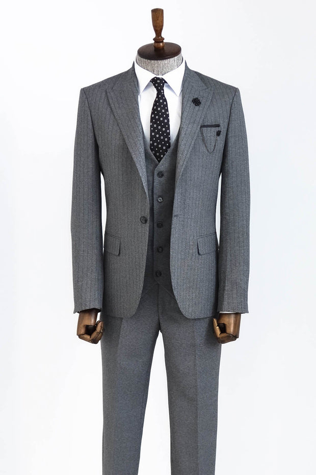 Striped Vested Grey Men's Suit    - Wessi