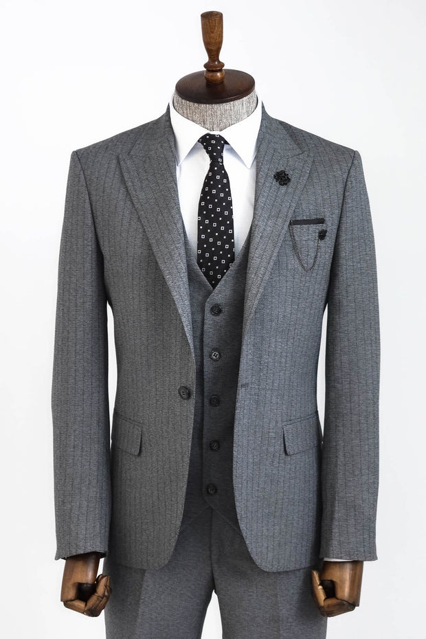 Striped Vested Grey Men's Suit    - Wessi