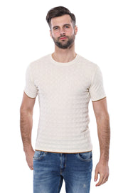 Cream Patterned Tricot Knitted T-Shirt - Wessi