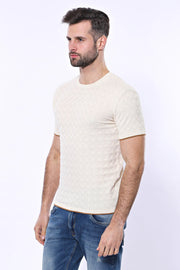 Cream Patterned Tricot Knitted T-Shirt - Wessi