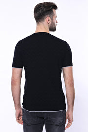 Patterned Tricot Knitted Black Men T-Shirt - Wessi