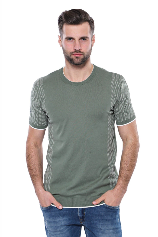 Circle Neck Patterned Green Knitted T-Shirt - Wessi