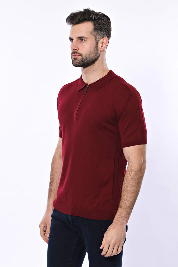 Polo Neck Plain Claret Red Knitted T-Shirt - Wessi