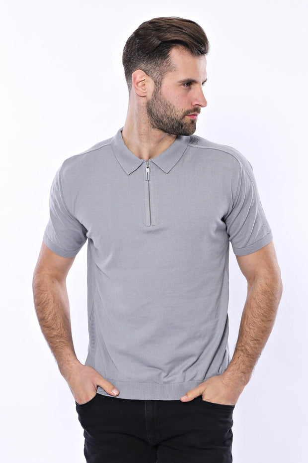 Circle Neck Patterned Grey Knitted T-Shirt - Wessi