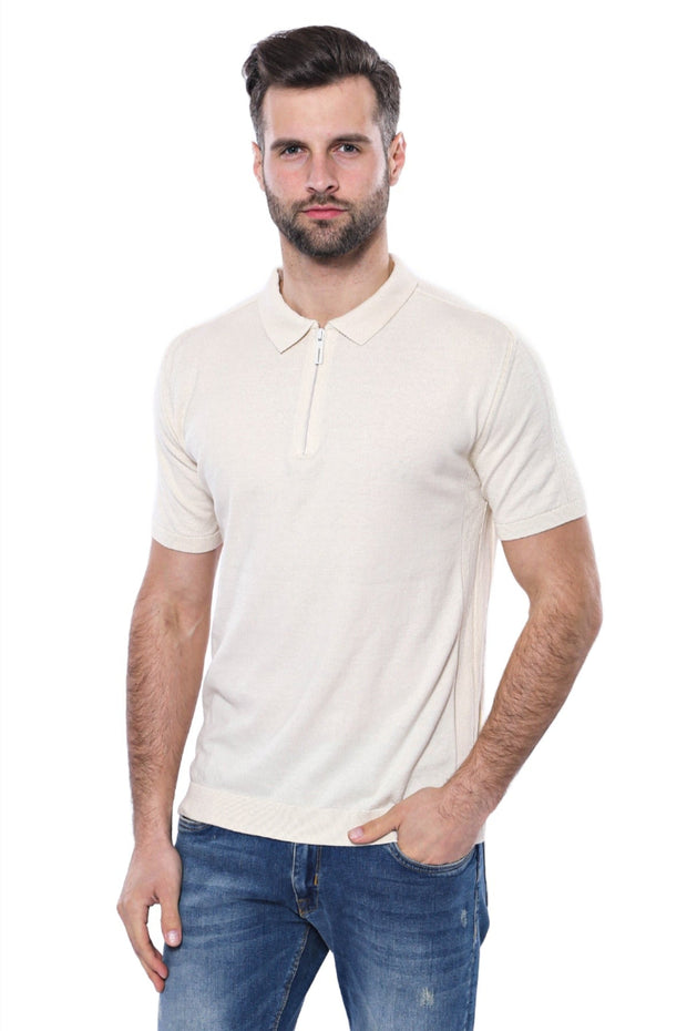 Polo Neck Plain Cream Knitted T-Shirt - Wessi