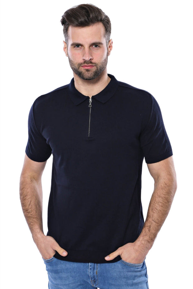 Polo Neck Plain Navy Knitted Blue Men T-Shirt - Wessi