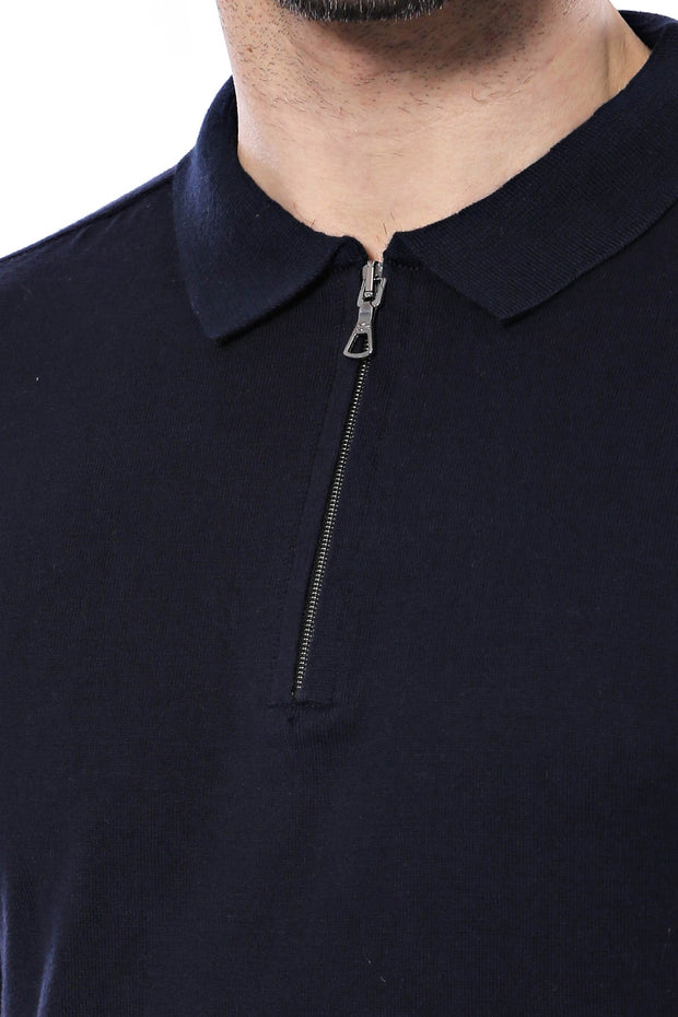 Polo Neck Plain Navy Knitted Blue Men T-Shirt - Wessi