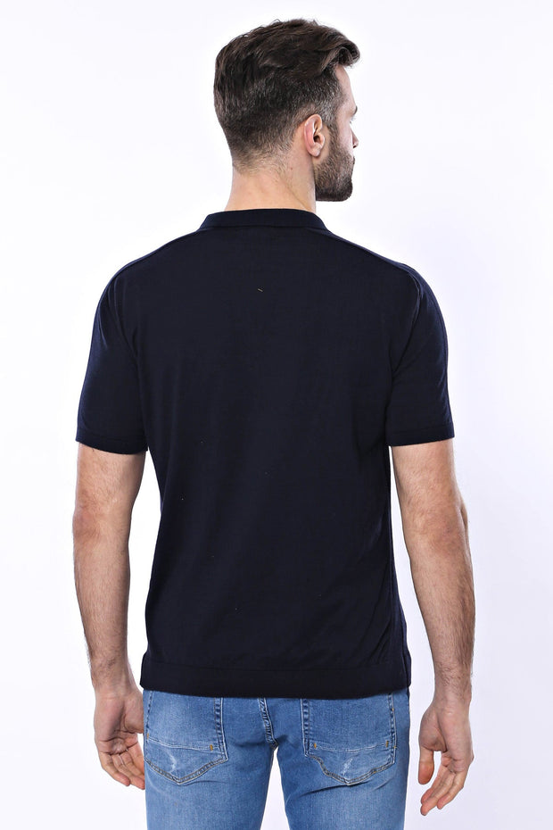 Polo Neck Plain Navy Knitted Blue Men T-Shirt - Wessi