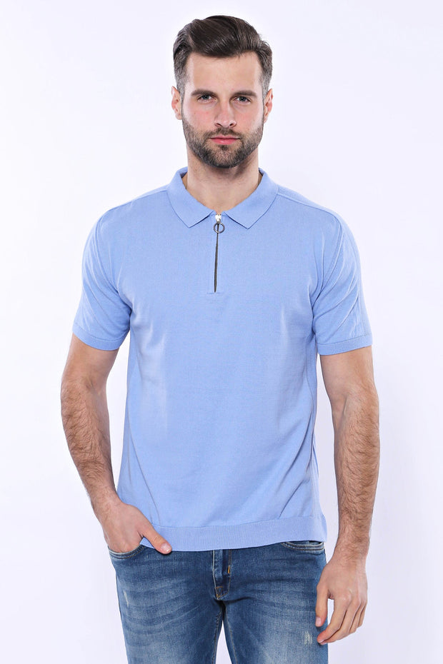 Polo Neck Plain Sky Blue Knitted T-Shirt - Wessi