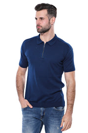 Polo Neck Plain Blue Knitted T-Shirt - Wessi