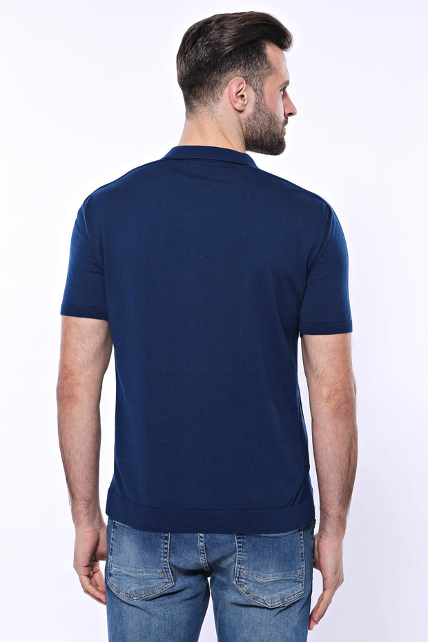 Polo Neck Plain Blue Knitted T-Shirt - Wessi