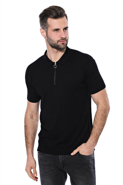 Polo Neck Plain Black Knitted T-Shirt - Wessi