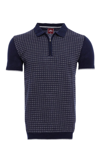 Navy Plaid Zippered Knitted Polo T-Shirt | Wessi