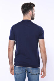 Navy Plaid Zippered Knitted Polo T-Shirt | Wessi