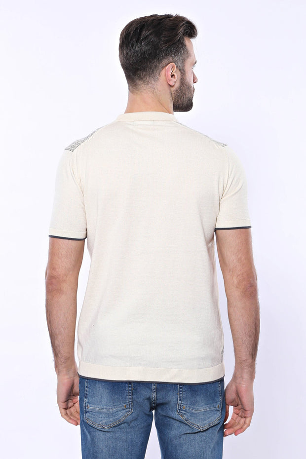 Cream Plaid Zippered Polo Knitted T-Shirt | Wessi