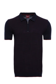 Dark Blue Plaid Zippered Knitted Polo T-Shirt - Wessi