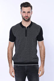 Black Plaid Zippered Polo Knitted T-Shirt | Wessi