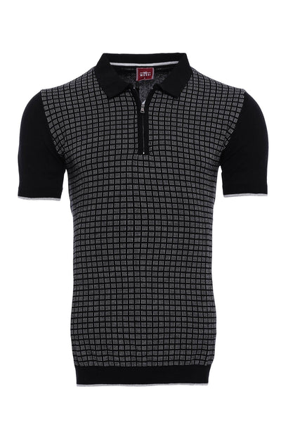 Black Plaid Zippered Polo Knitted T-Shirt | Wessi