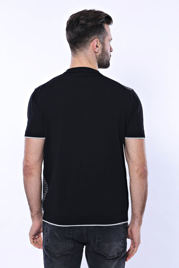 Black Plaid Zippered Polo Knitted T-Shirt | Wessi