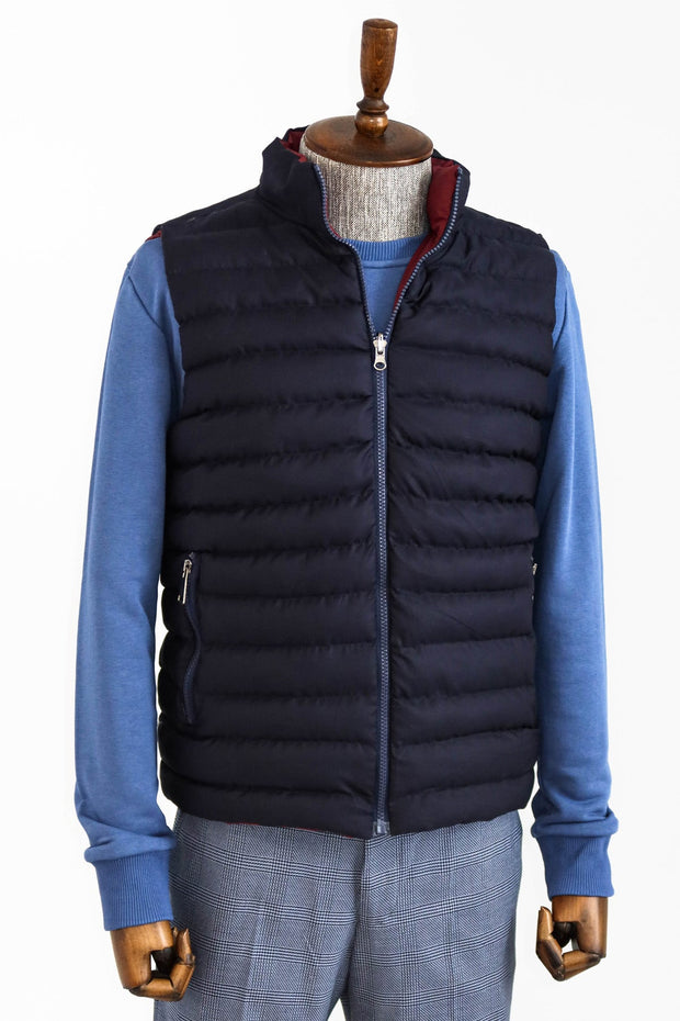 Reversible Quilted Standing Collar Navy Blue Men Down Vest - Wessi