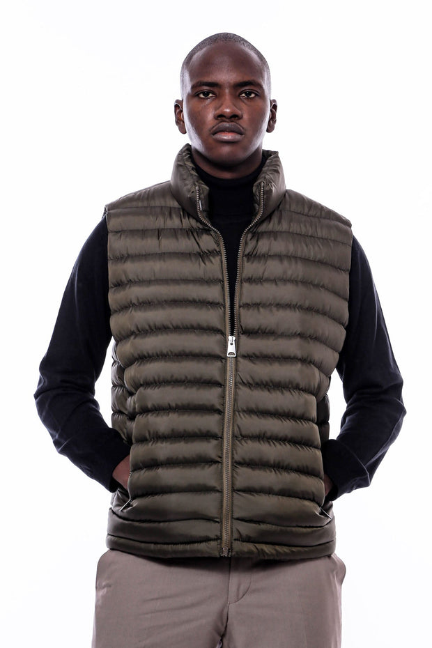 Quilted Zippered Khaki Men Down Vest - Wessi