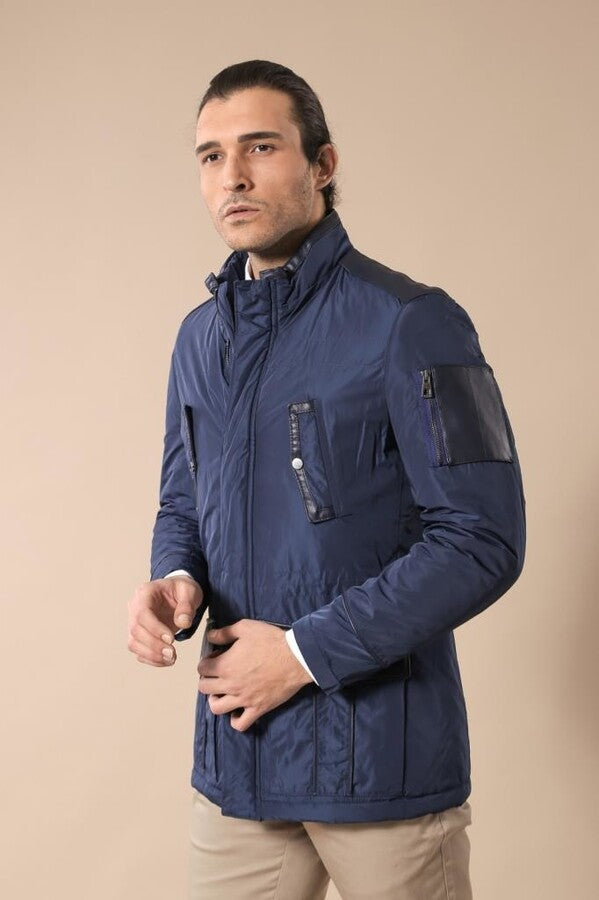 Leather Modeled Blue Slim Fit Quilted Jacket - Wessi