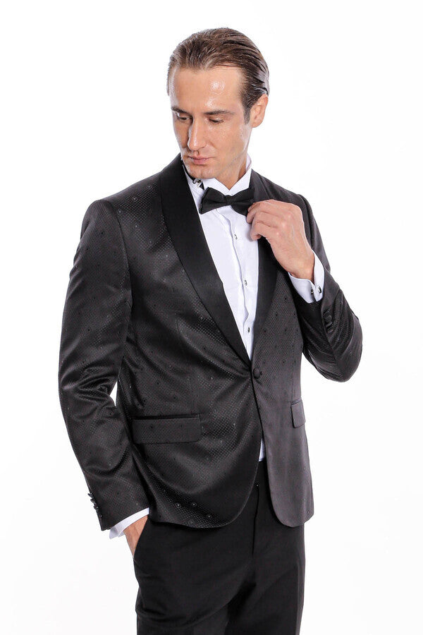 Dot Patterned Slim Fit Black Men Prom Blazer - Wessi