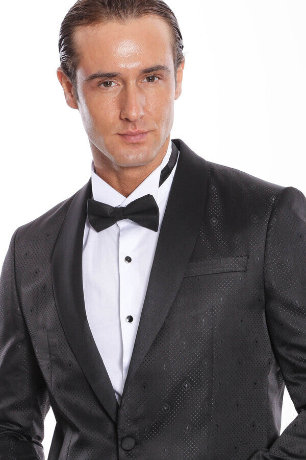 Dot Patterned Slim Fit Black Men Prom Blazer - Wessi